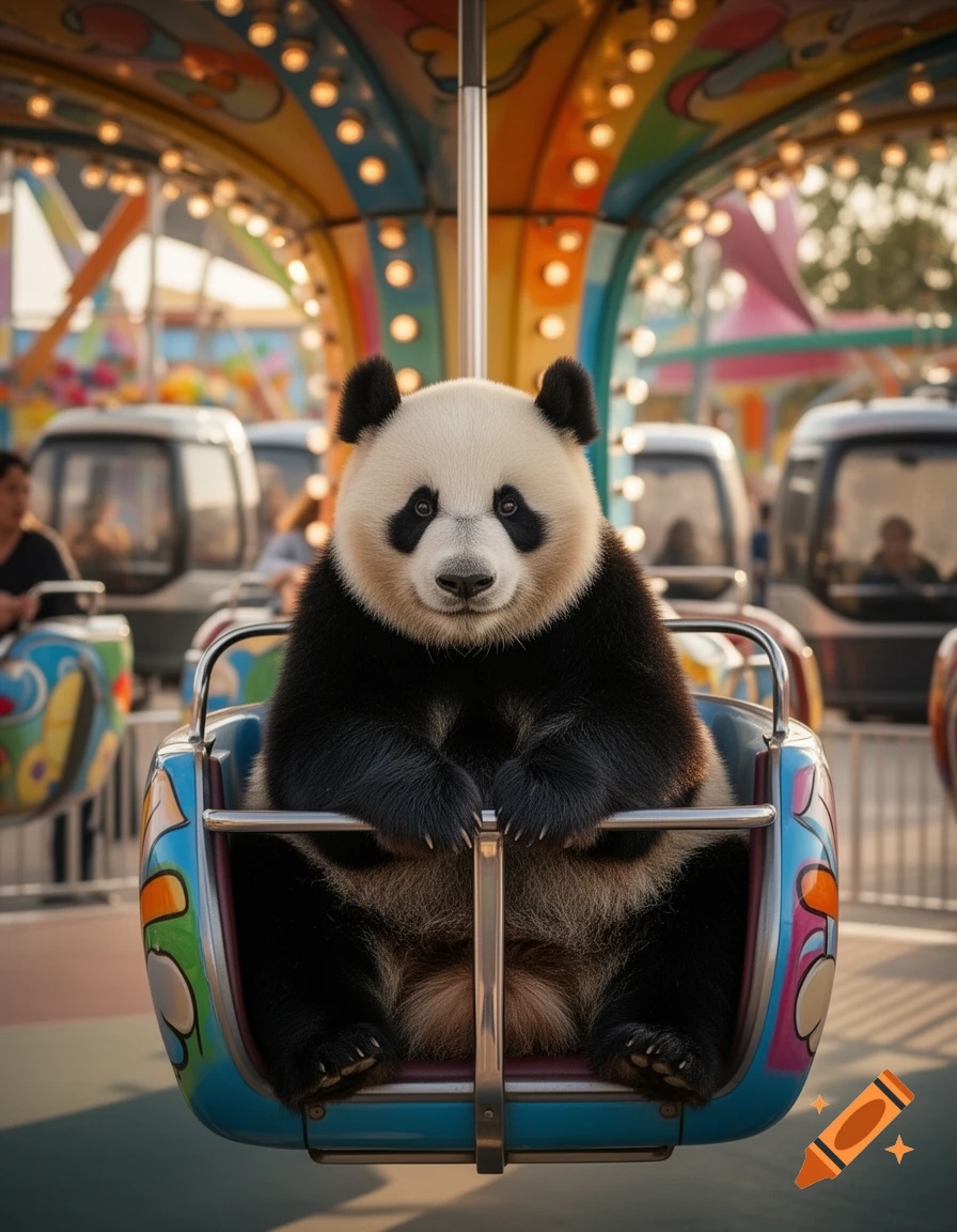 Photorealistic image of a friendly giant panda sitting inside a colorful carousel ride at an amusement park.