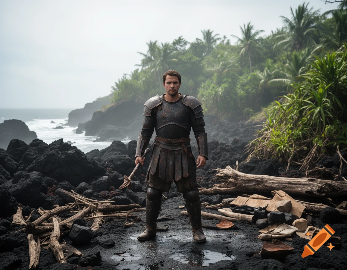 A warrior in dark metal armor standing on a black sand beach with palm trees and a stormy sea in the background.