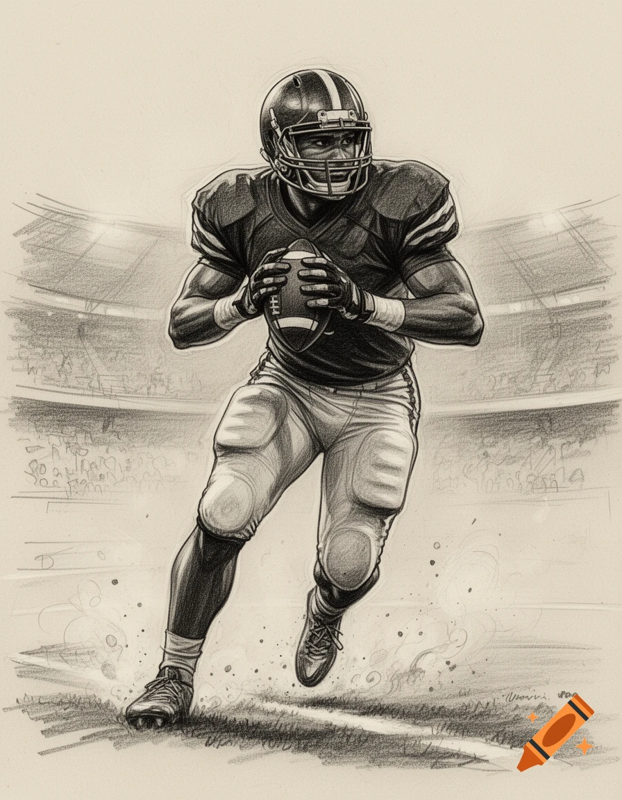 Pencil sketch of an American football player running with the ball inside a stadium