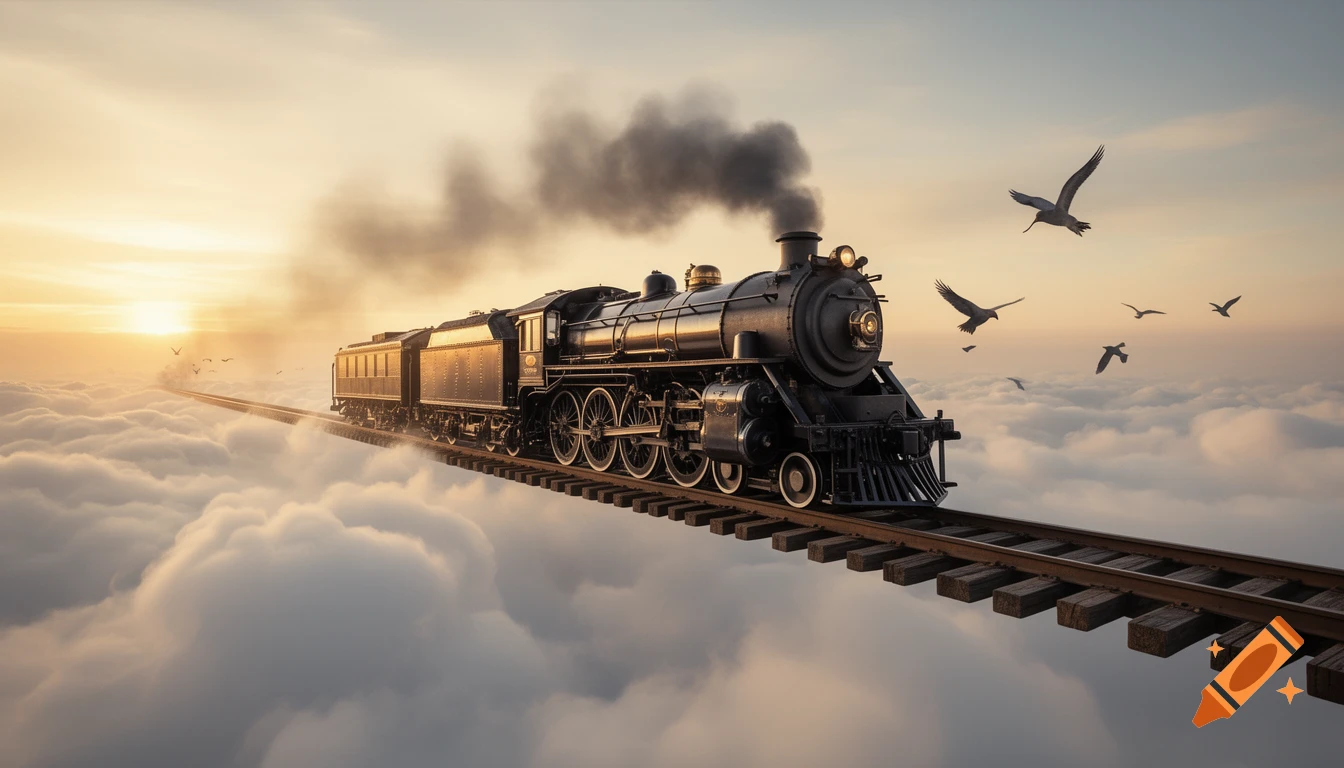 A vintage steam train running on railroad tracks floating above fluffy white clouds during a sunset, wide-angle photography.