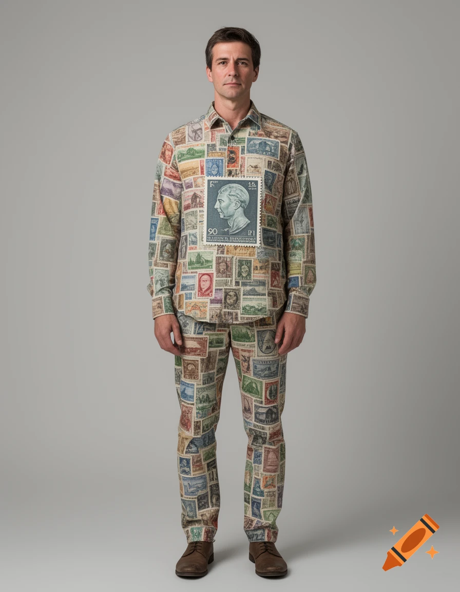 A full-length photorealistic portrait of a man standing against a plain grey background, wearing a shirt and pants completely covered in postage stamp patterns, with one large stamp prominently displayed on his chest.