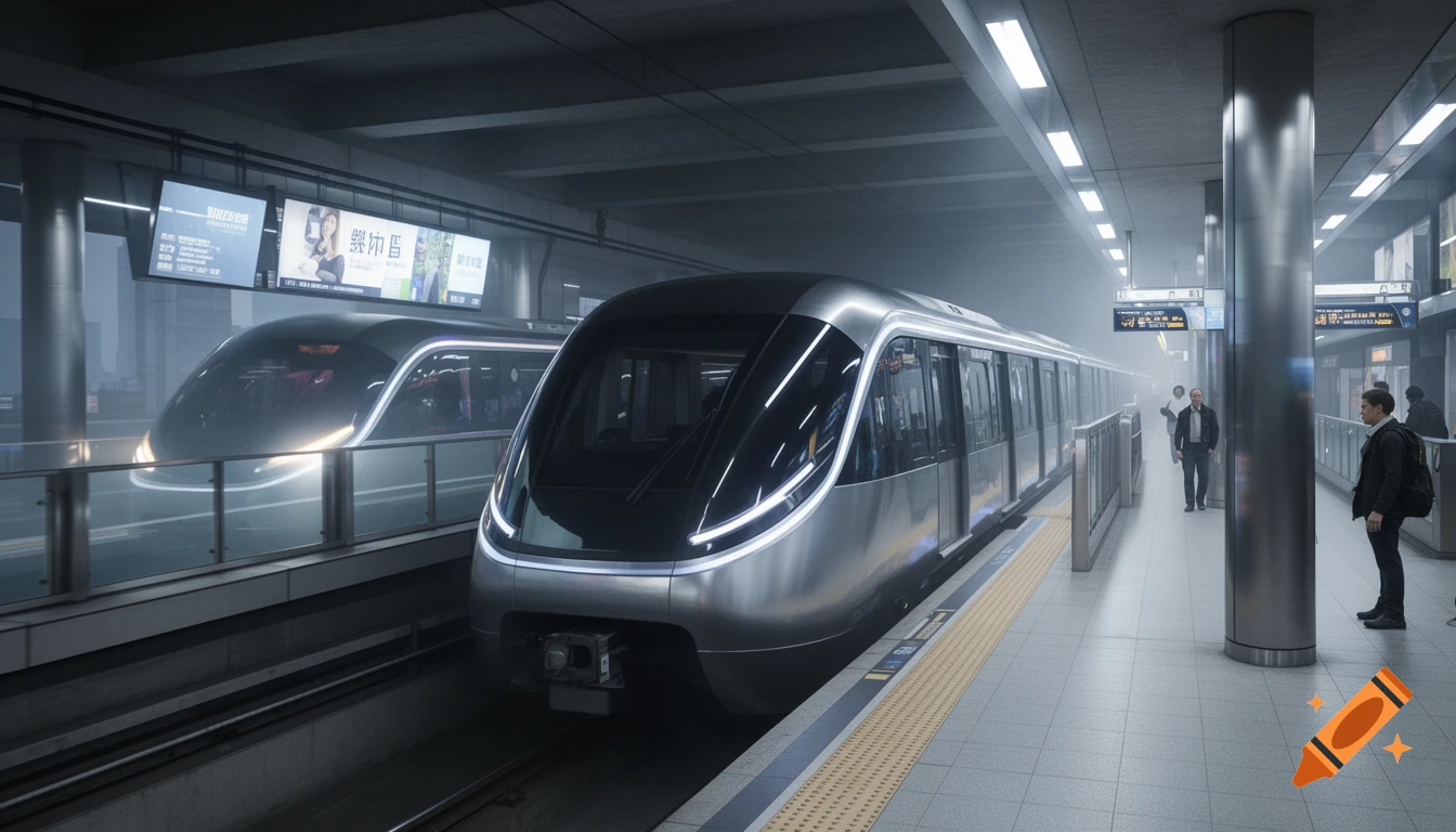 Photorealistic image of futuristic sleek silver subway trains at a modern underground station platform with passengers.