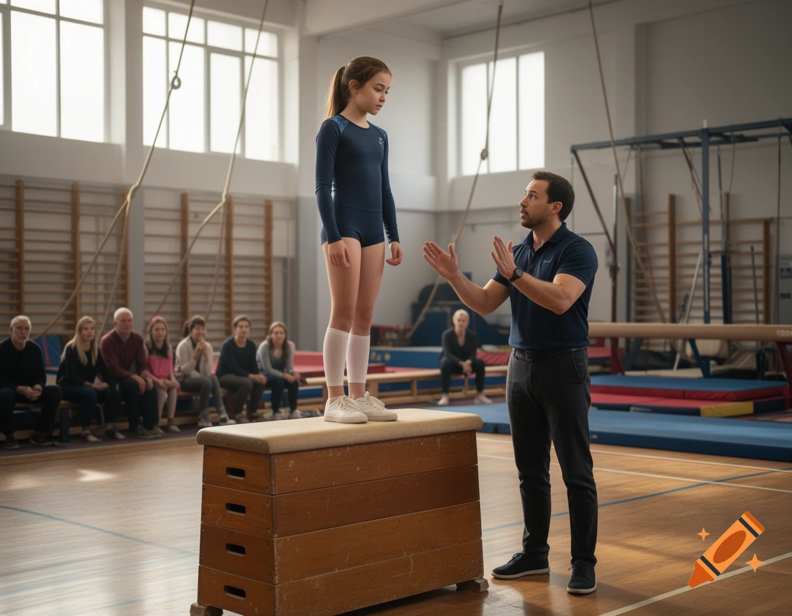 Photorealistic scene of a young female gymnast standing on a vaulting box while a coach gives her instructions in a gym.