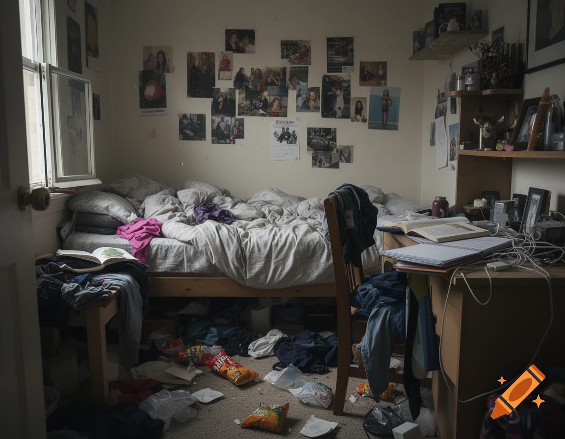 Photorealistic image of a messy teenager bedroom with unmade bed, books, clothes, and snacks on the floor.