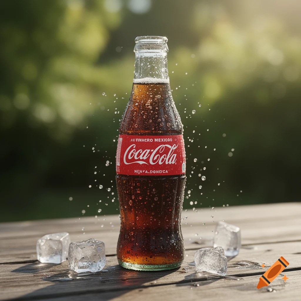 A glass bottle of Mexican Coca-Cola with condensation and water splashes, surrounded by ice cubes on a wooden table, photorealistic.