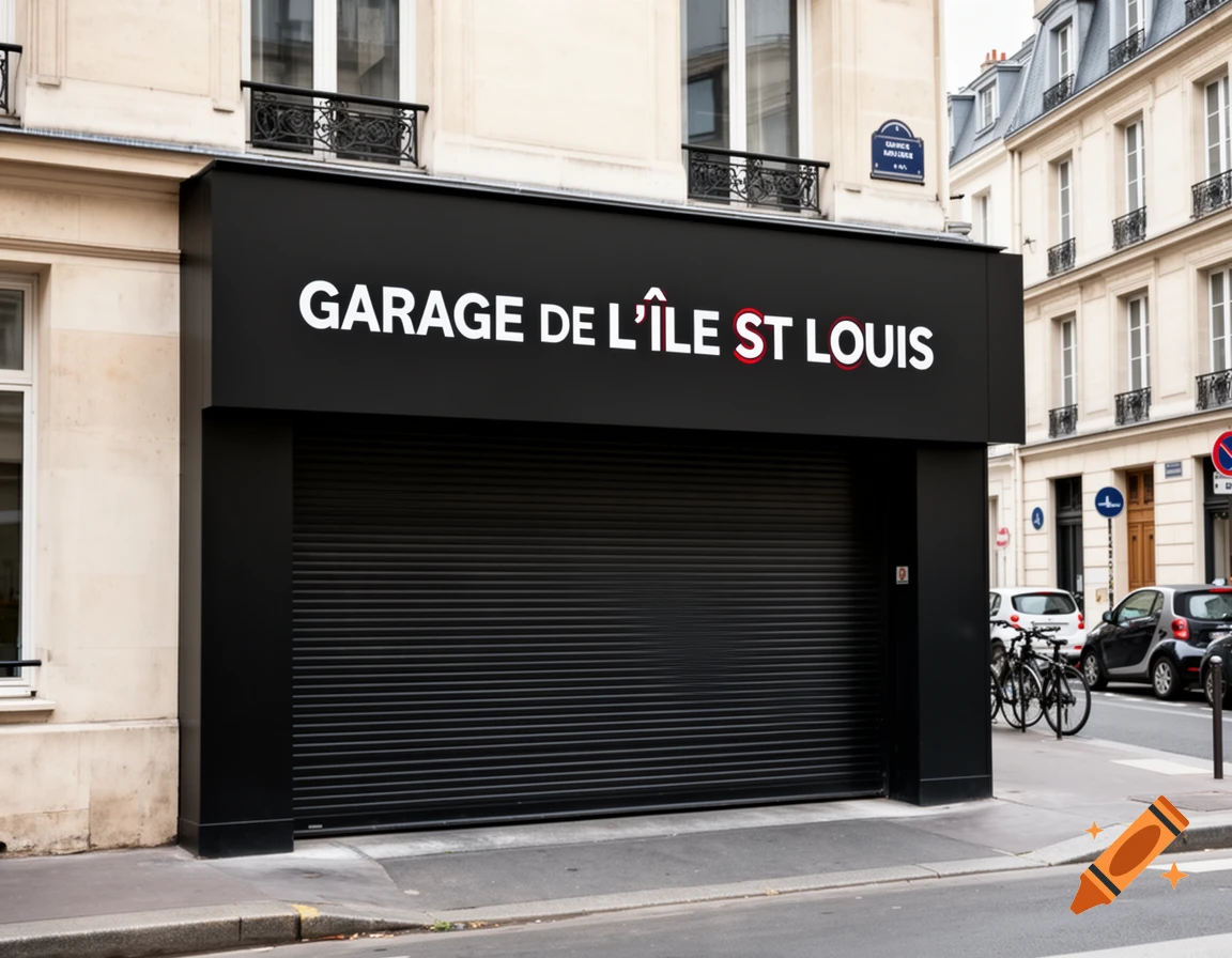 Modern black garage storefront with a white sign reading GARAGE DE L'ÎLE ST LOUIS in a Parisian building.