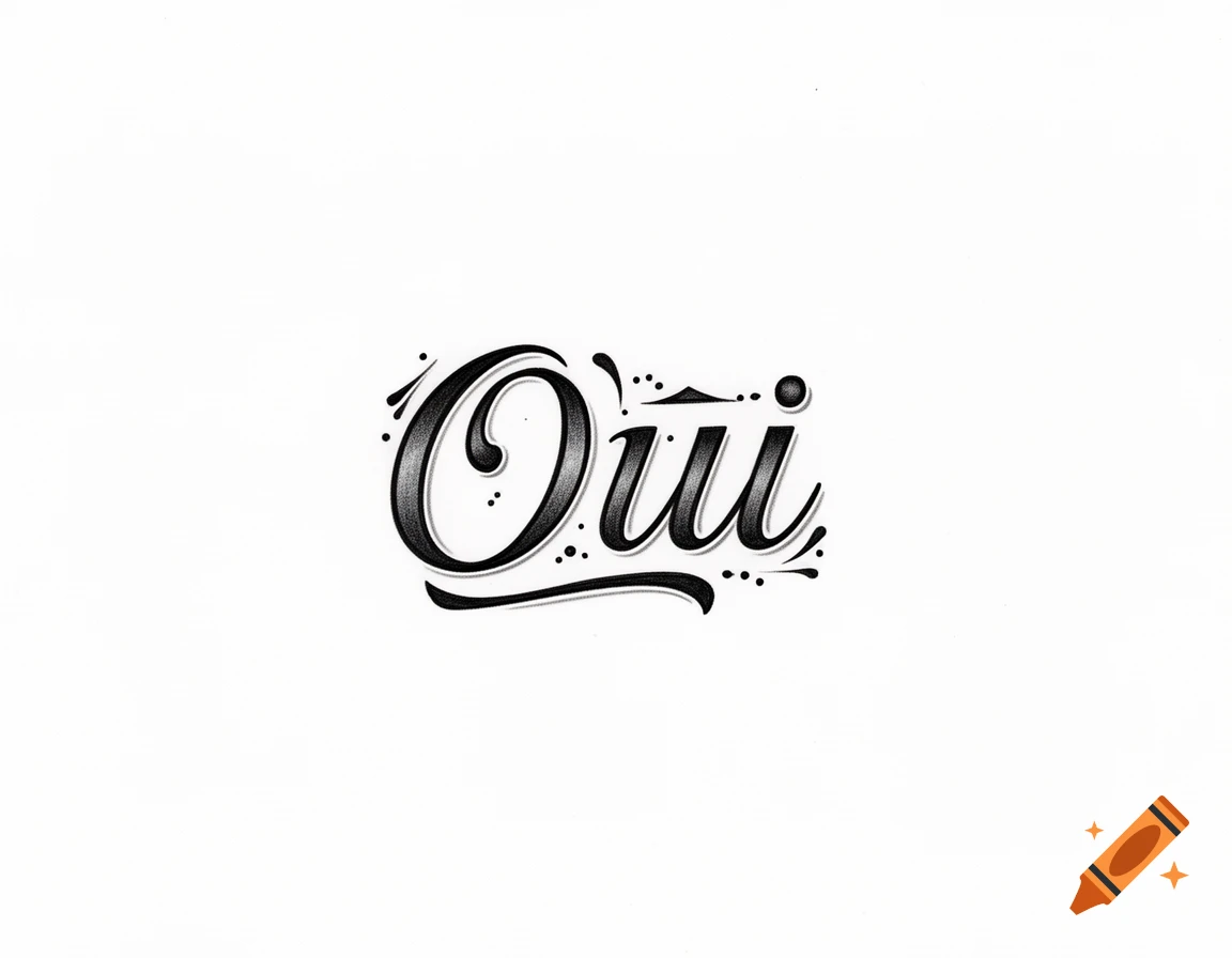 Black calligraphy lettering of the word 'Oui' with stippling shading and decorative flourishes on a white background.