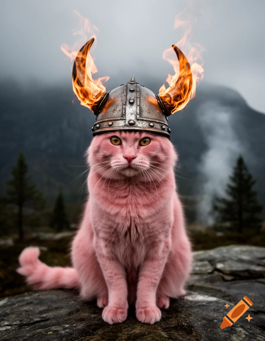 Photorealistic pink cat wearing a Viking helmet with burning horns, sitting on a rocky terrain with foggy mountains and trees in the background.