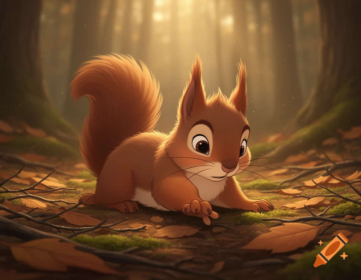 Digital illustration of a cute cartoon squirrel lying on the forest floor among fallen leaves and moss in a sunlit woodland.