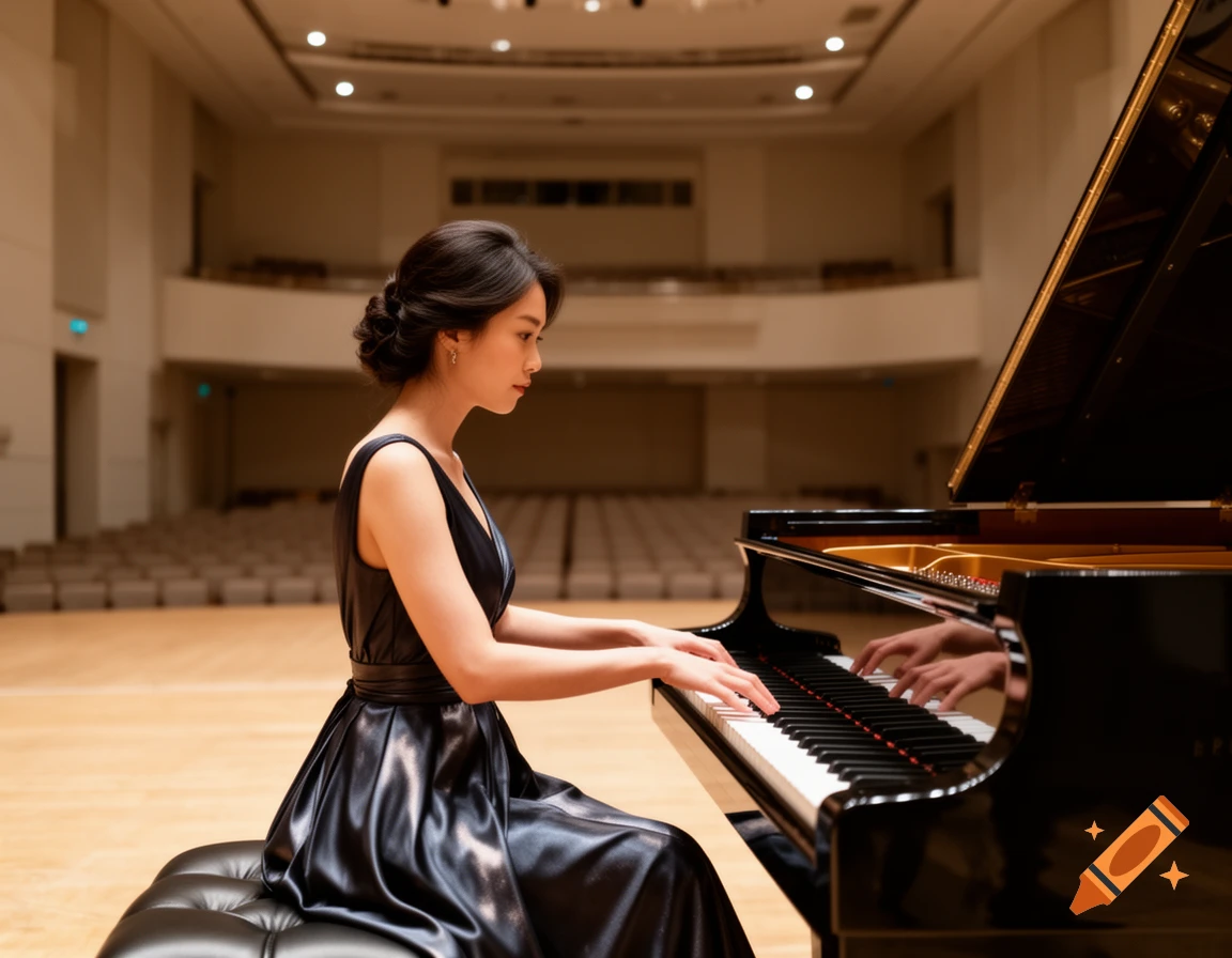 An Asian woman in a black evening gown playing a grand piano in a large auditorium, photorealistic style.