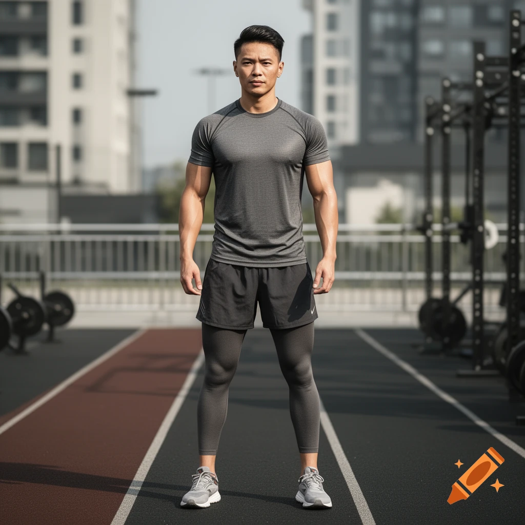 Photorealistic full-body portrait of an athletic man standing on an outdoor track in front of a gym.