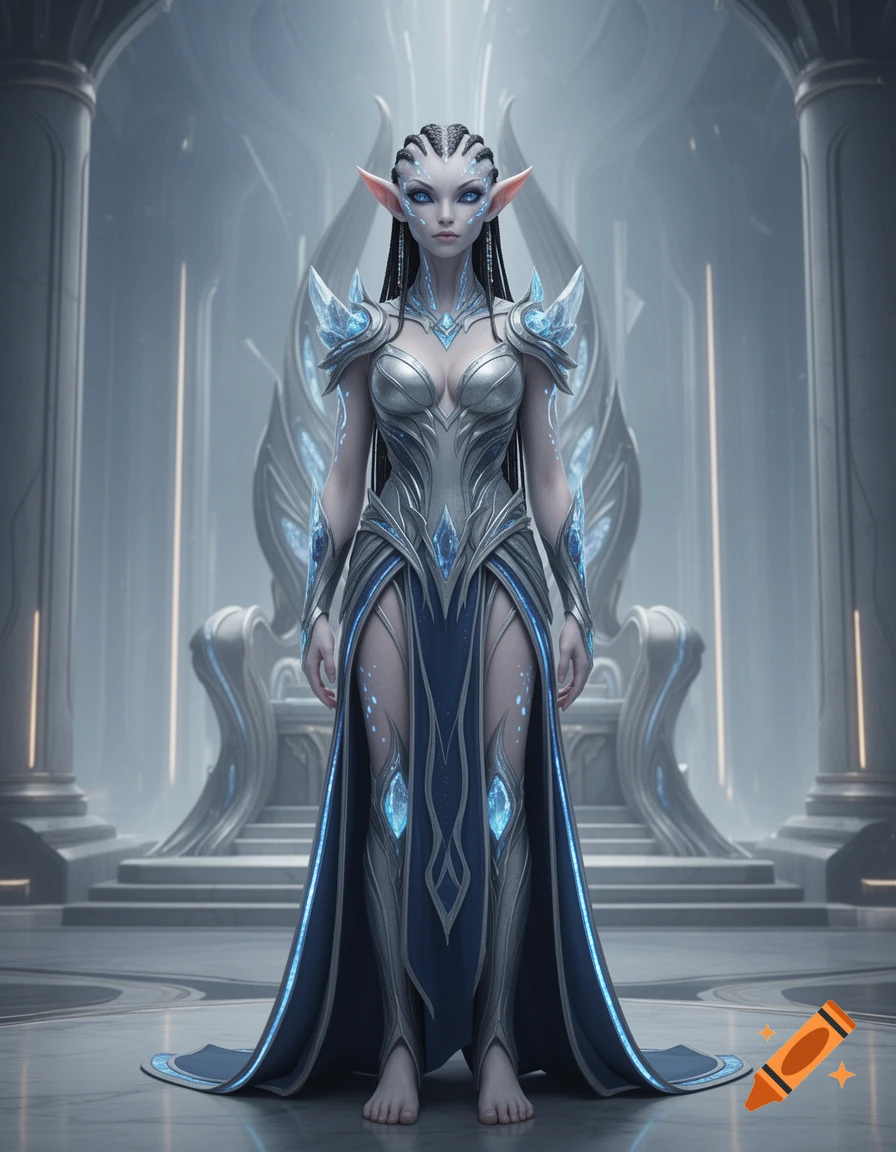 Full-body portrait of a regal alien queen with dark braided hair, pale skin, and intricate silver armor in a grand throne room.