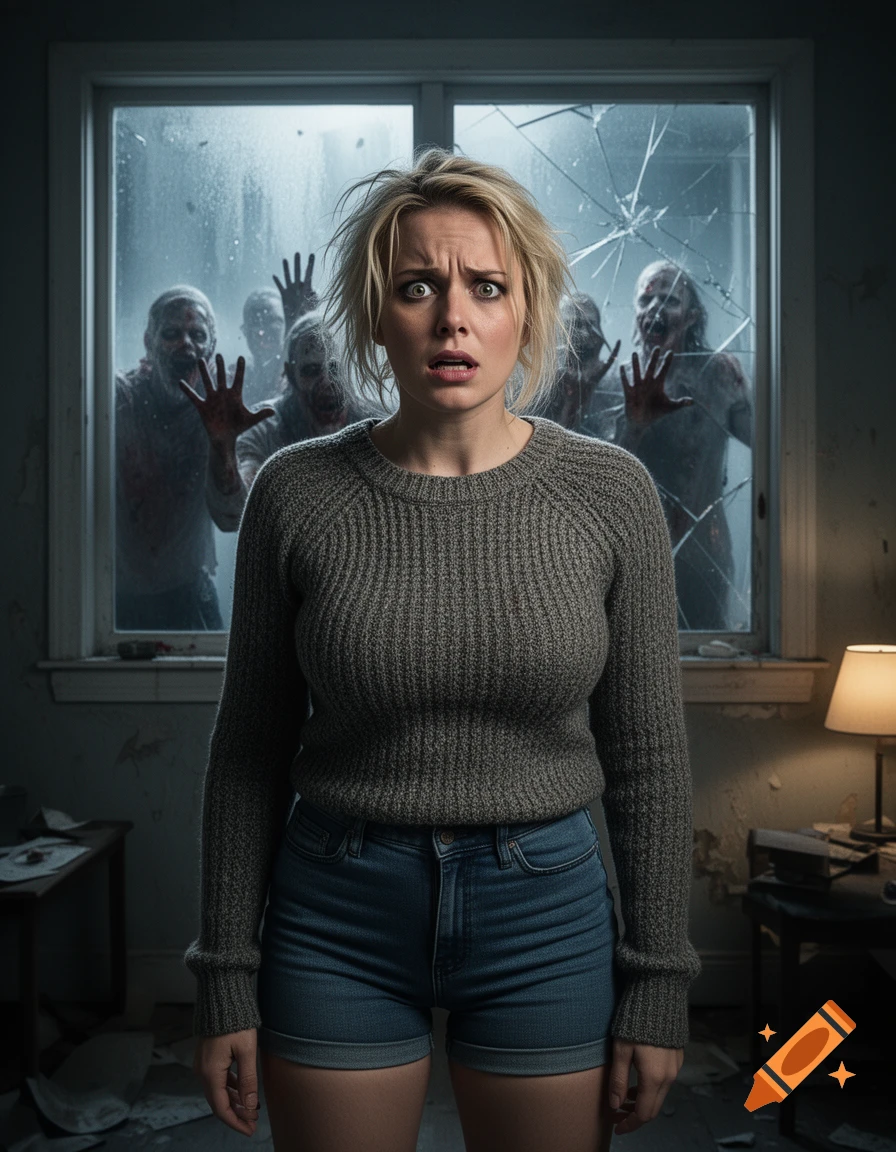 Photorealistic scene of a frightened blonde woman in a room while zombies press against the broken window behind her.