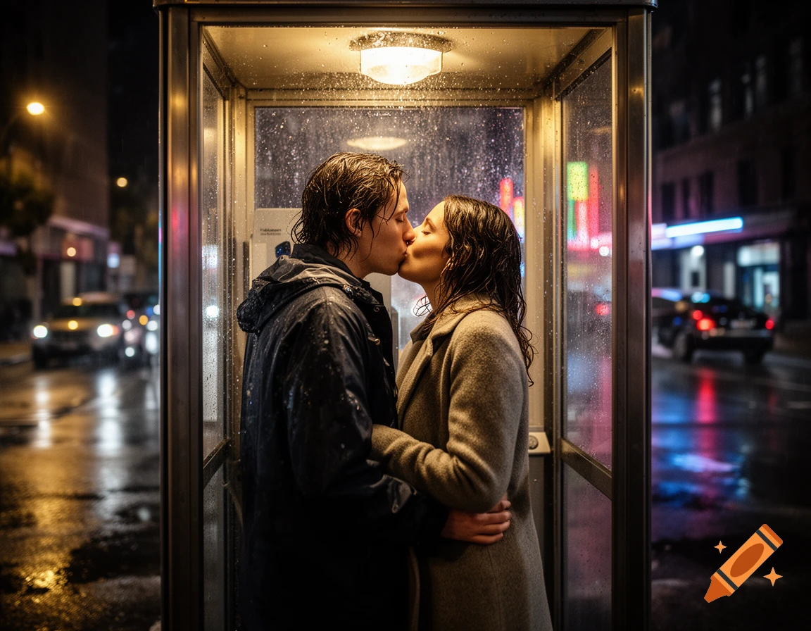 Photorealistic scene of a young couple sharing a romantic kiss inside a phone booth during a rainy night in the city.