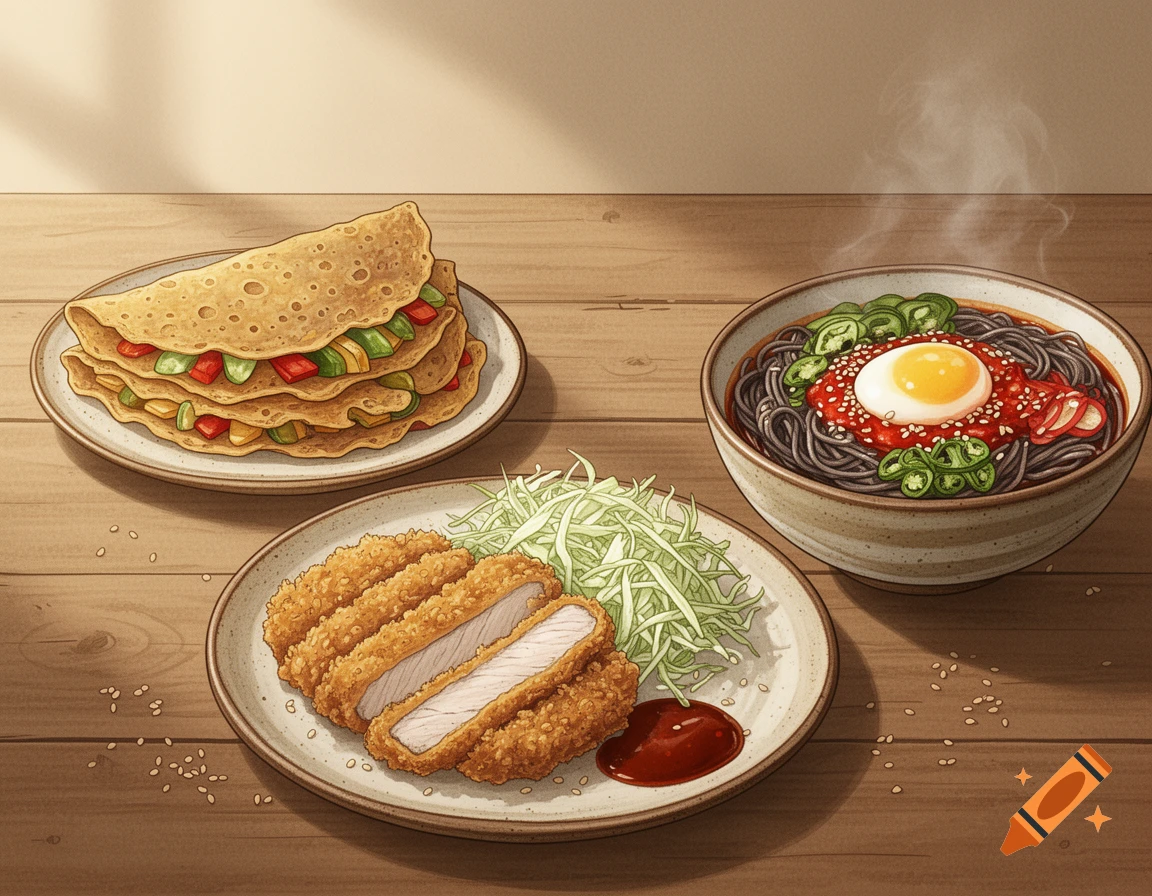 Digital illustration of Korean dishes including buckwheat crepes, tonkatsu with shredded cabbage, and spicy buckwheat noodles with an egg on a wooden table.