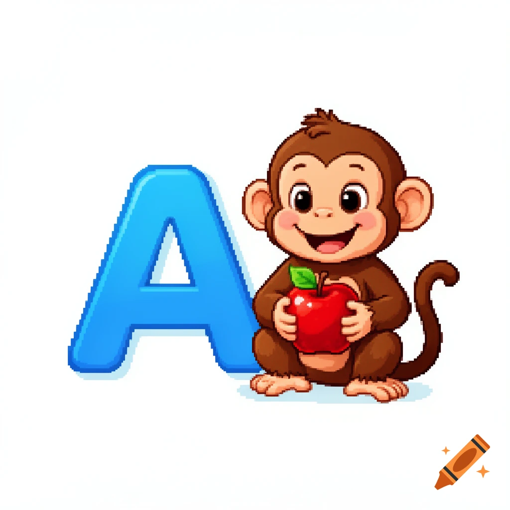 Pixel art flashcard for kids showing a large blue letter A next to a cartoon monkey holding a red apple.