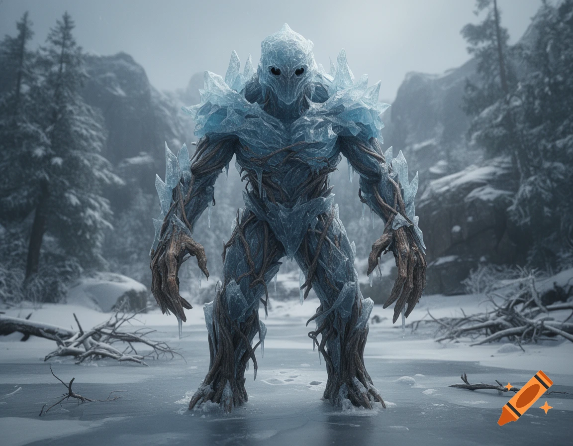 A photorealistic monster made of ice and sticks standing in a snowy landscape with pine trees.