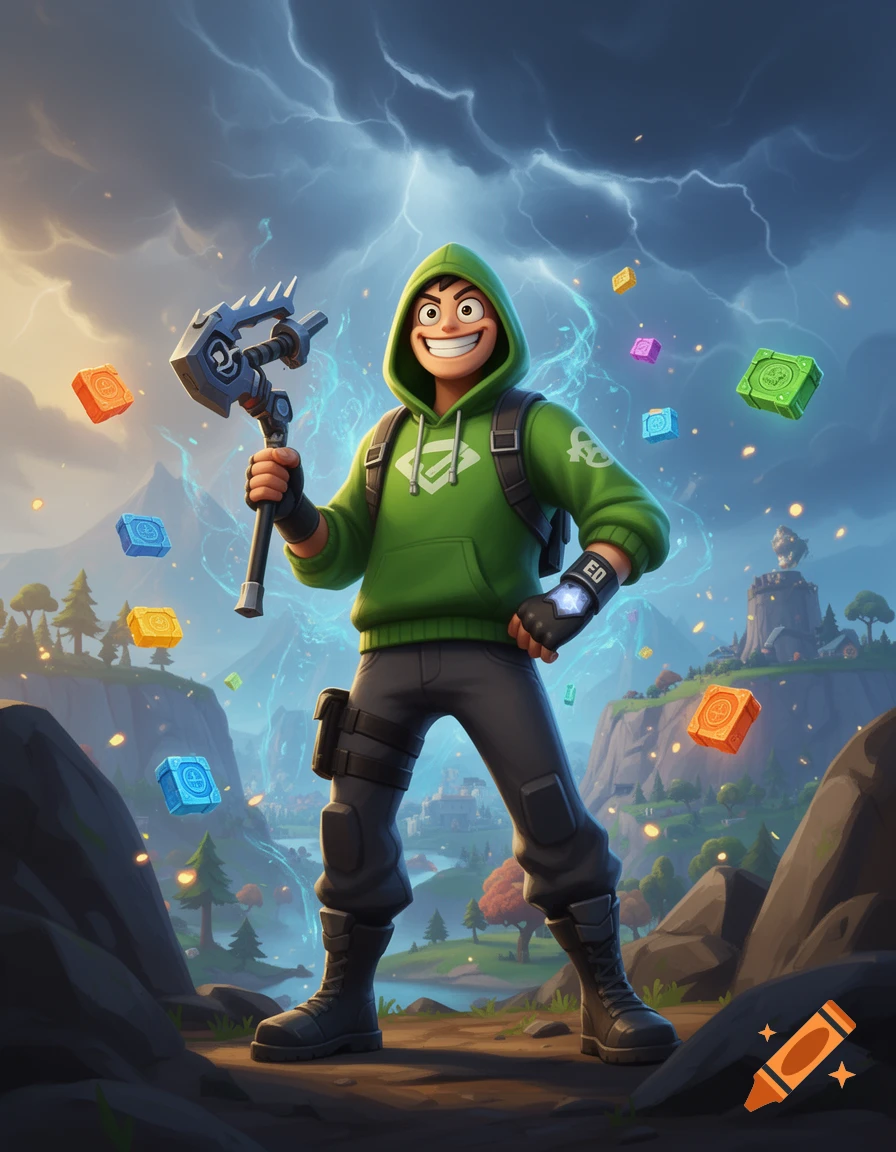 3D digital illustration of Ed from Eddsworld in Fortnite style holding a pickaxe in a stormy landscape with floating items.