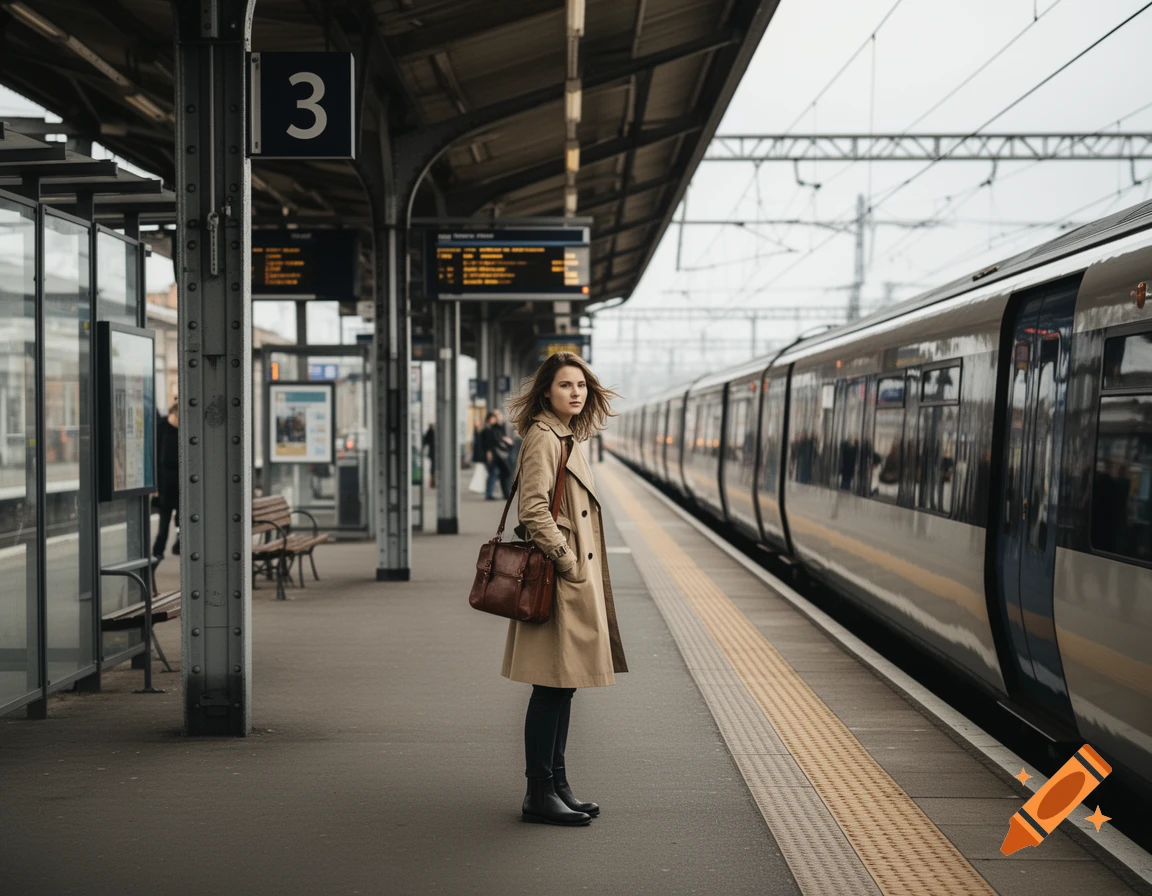 A woman in a beige trench coat standing on a railway station platform next to a train, photorealistic.