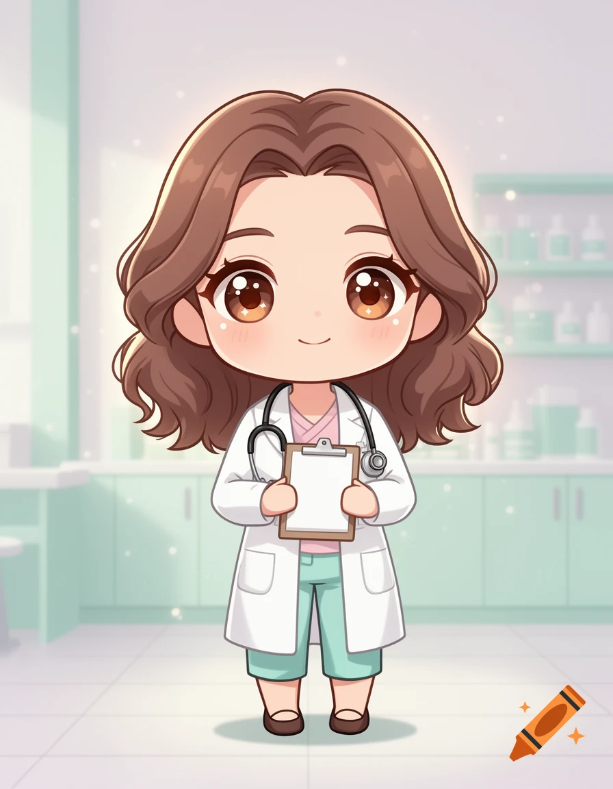 Chibi female doctor with brown wavy hair and brown eyes wearing a white lab coat and holding a clipboard, anime style.