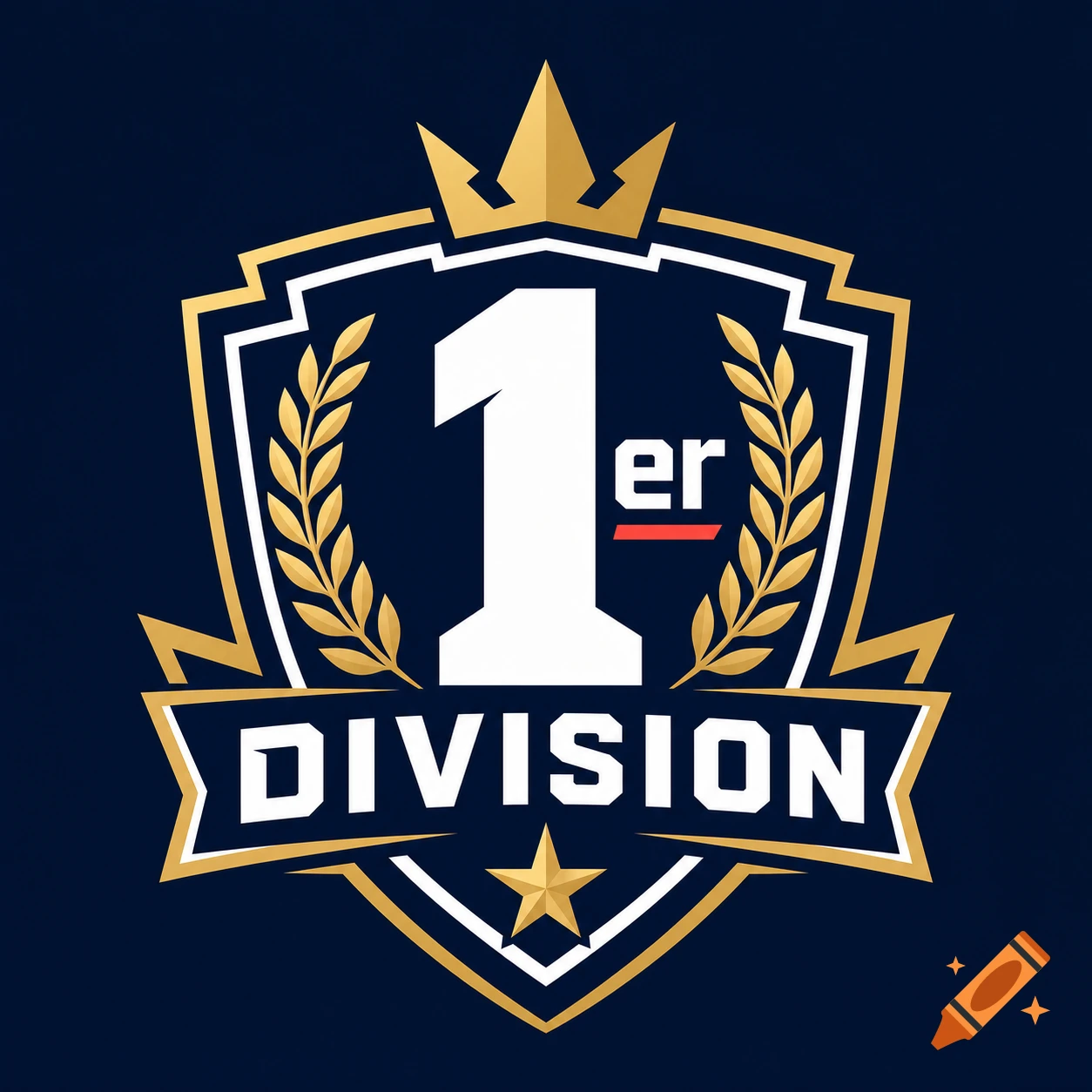 A navy blue and gold emblem logo featuring a large white number 1 with 'er', a crown, laurel wreath, and the text 'DIVISION'.