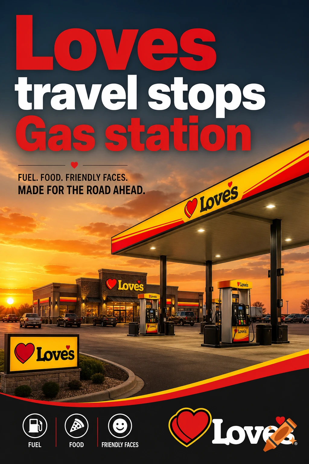 Photorealistic image of a Love's travel stop gas station at sunset with glowing lights and signage.