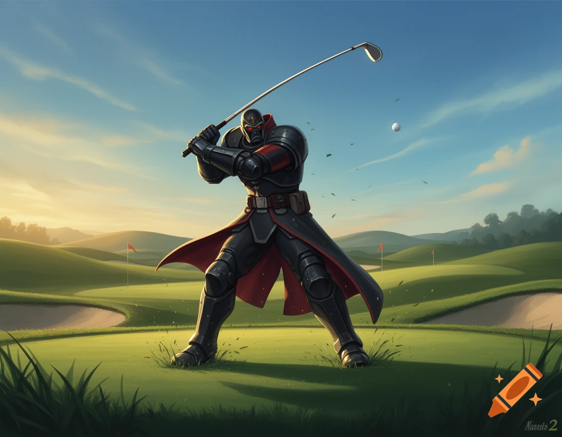 Digital illustration of Sturm from Advance Wars in full armor swinging a golf club on a lush green golf course under a clear blue sky.