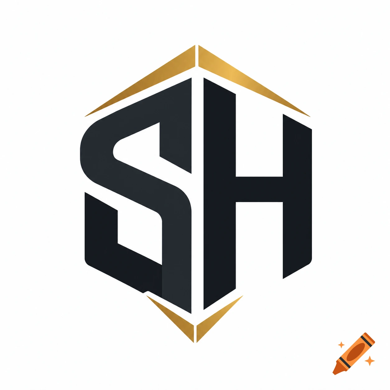 Modern minimalist hexagon logo featuring the letters S and H in black and gold.
