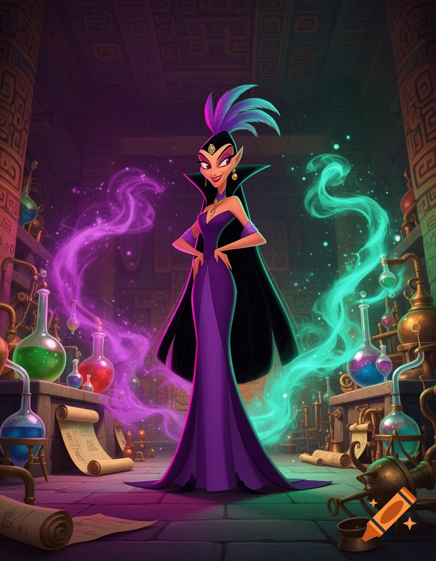Digital illustration of a tall, slender animated villainous woman in a purple dress standing in a stone laboratory with magical glowing potions.