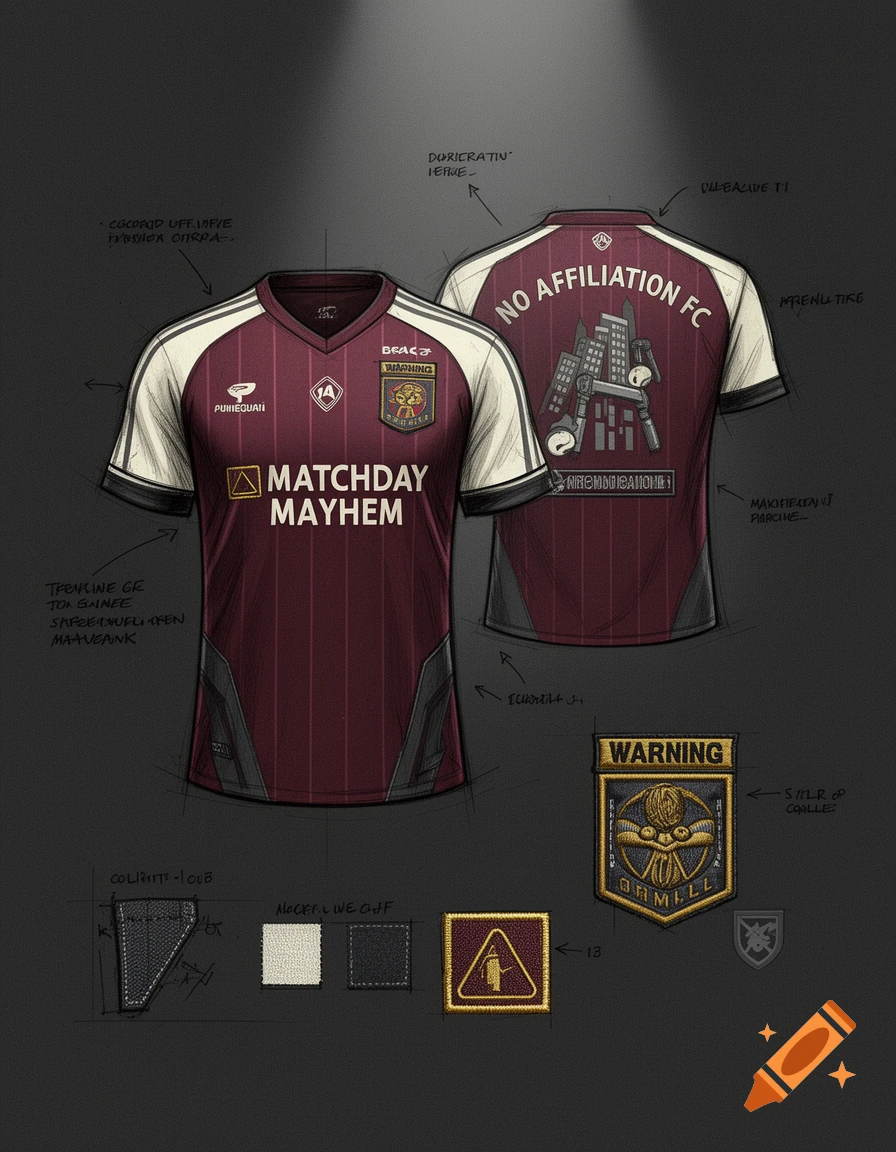 Digital sketch of a retro football shirt design in maroon and white with various design notes and badges.