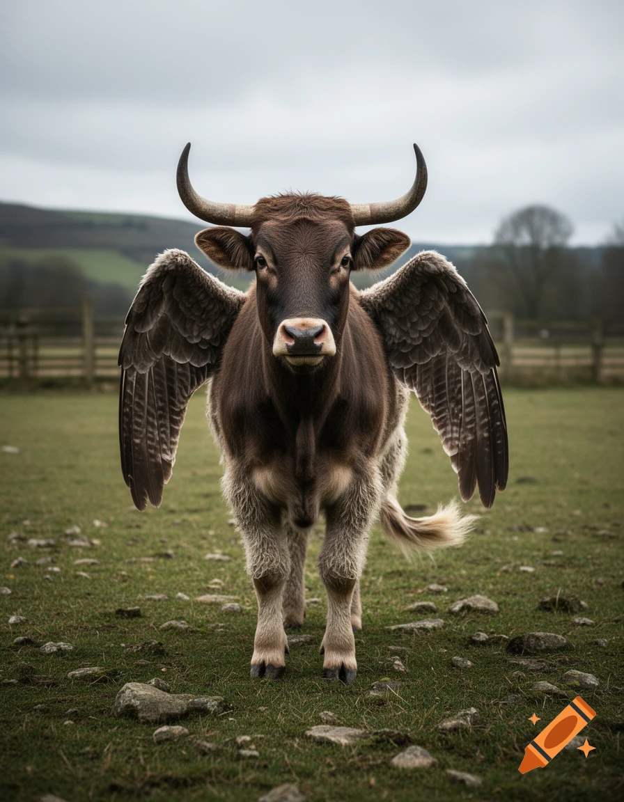Photorealistic image of a mythical creature with a bull's head, furry body, and large feathered bird wings standing in a grassy field.
