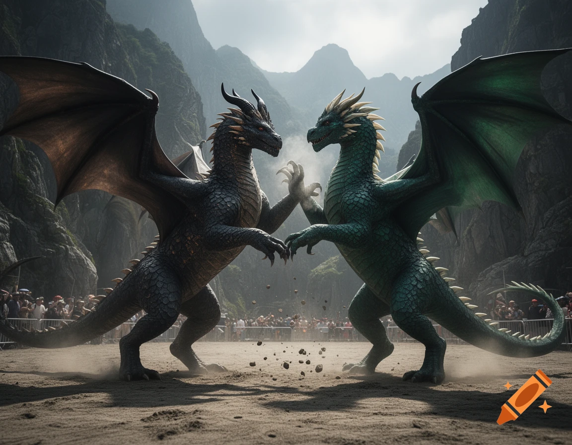 Photorealistic image of two large dragons, one black and one green, fighting in an arena surrounded by a crowd.