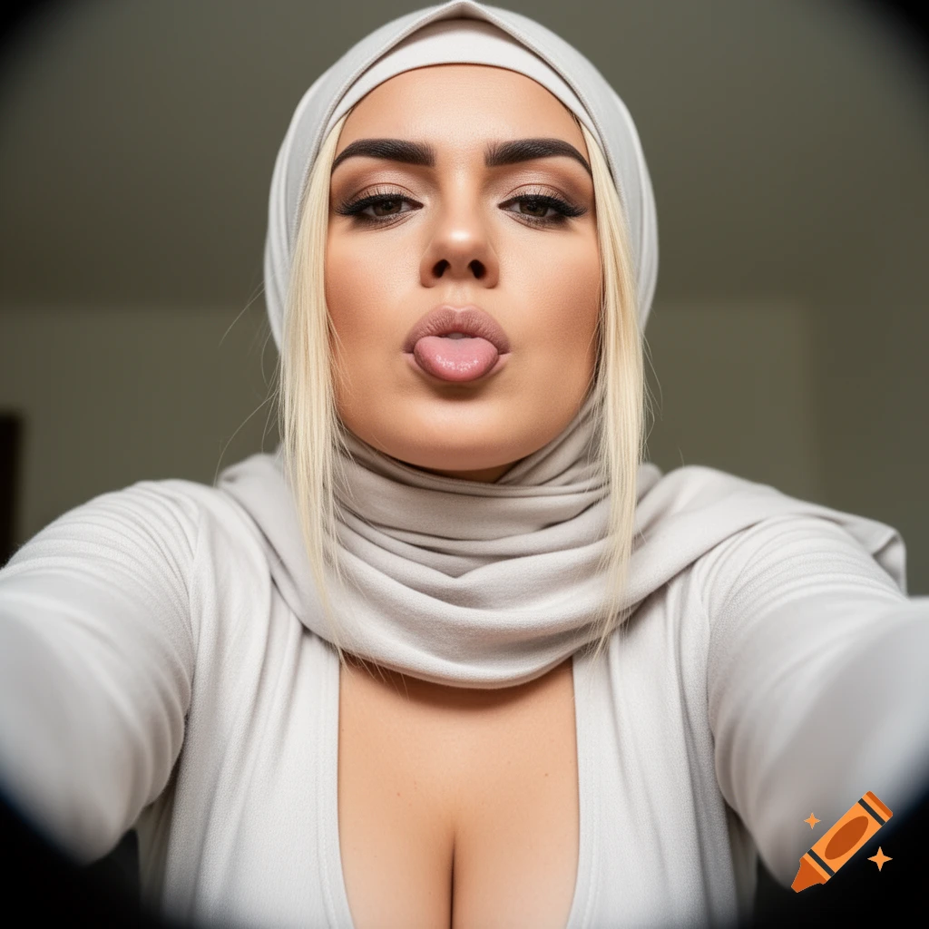 Close-up selfie of a woman wearing a light hijab and white top, sticking her tongue out, photorealistic.