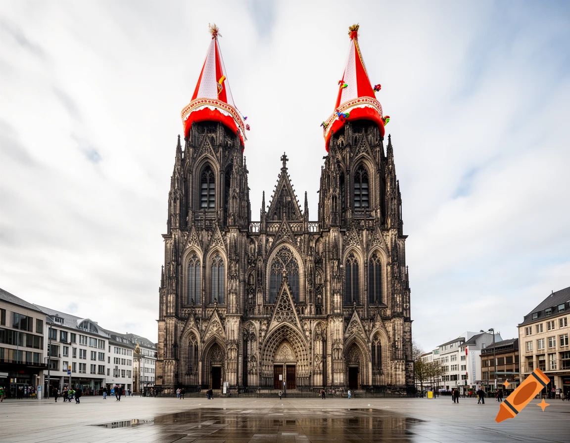 Photorealistic image of Cologne Cathedral with large red carnival caps on its twin spires, standing in a large open square.