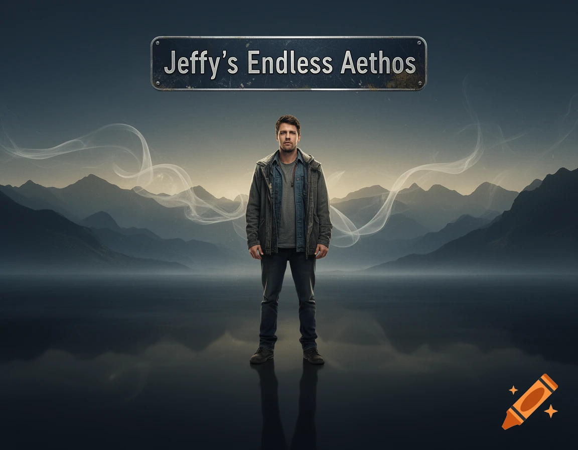 A man standing centered against a misty mountain and water landscape, with a street sign reading 'Jeffy's Endless Aethos' floating above him.