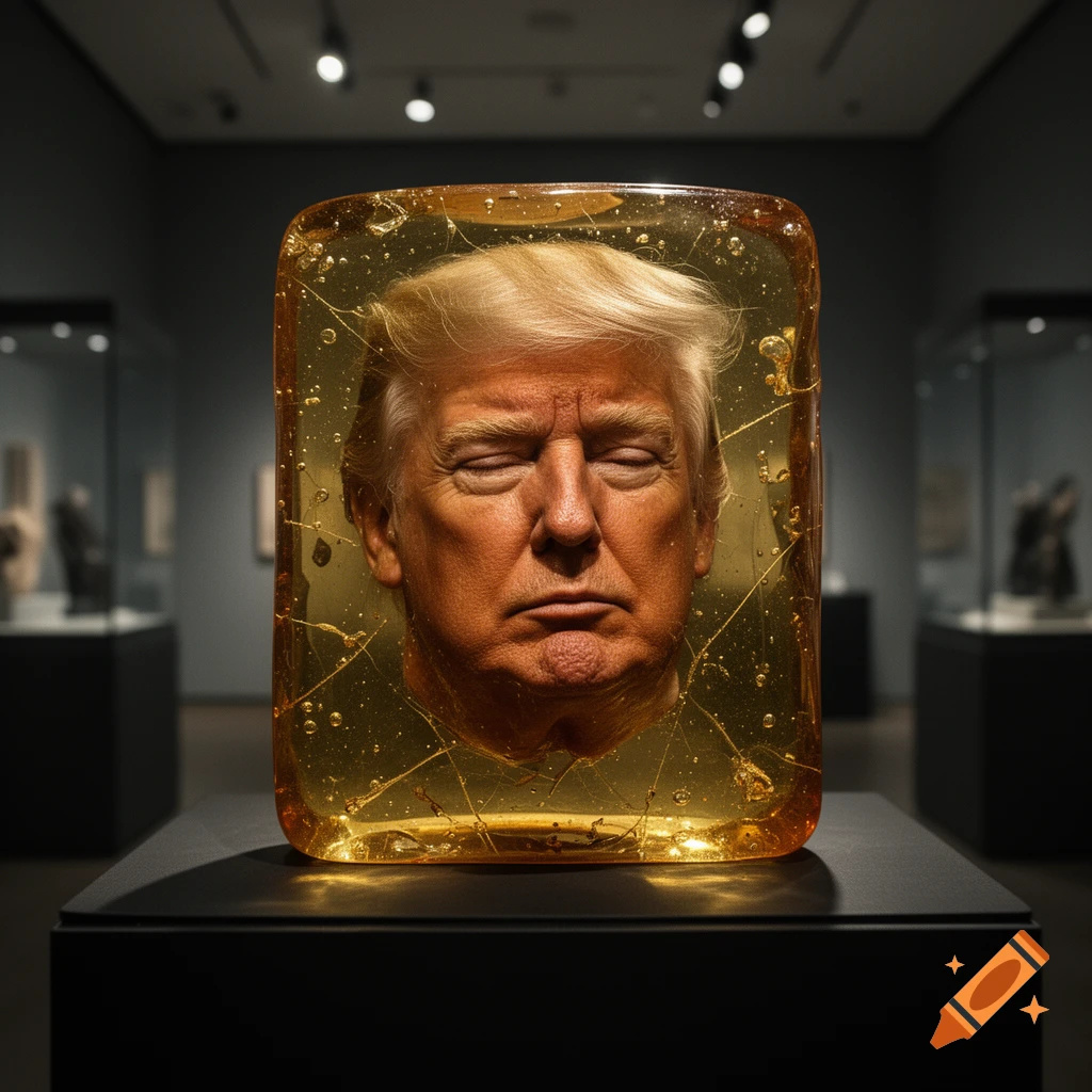 Photorealistic sculpture of Donald Trump's head encased in a block of amber, displayed on a pedestal in a museum gallery.