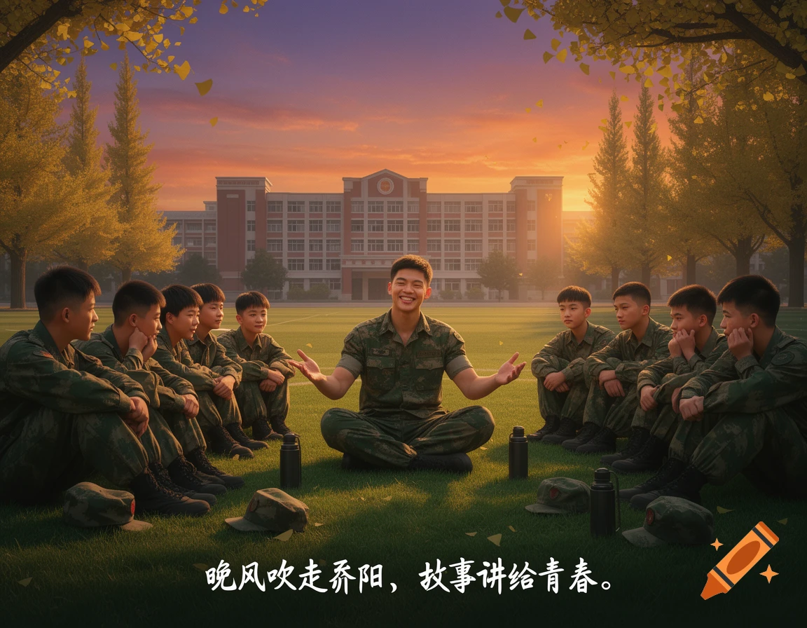 A smiling young military instructor sitting on a green school field at sunset, surrounded by a group of attentive high school boys.