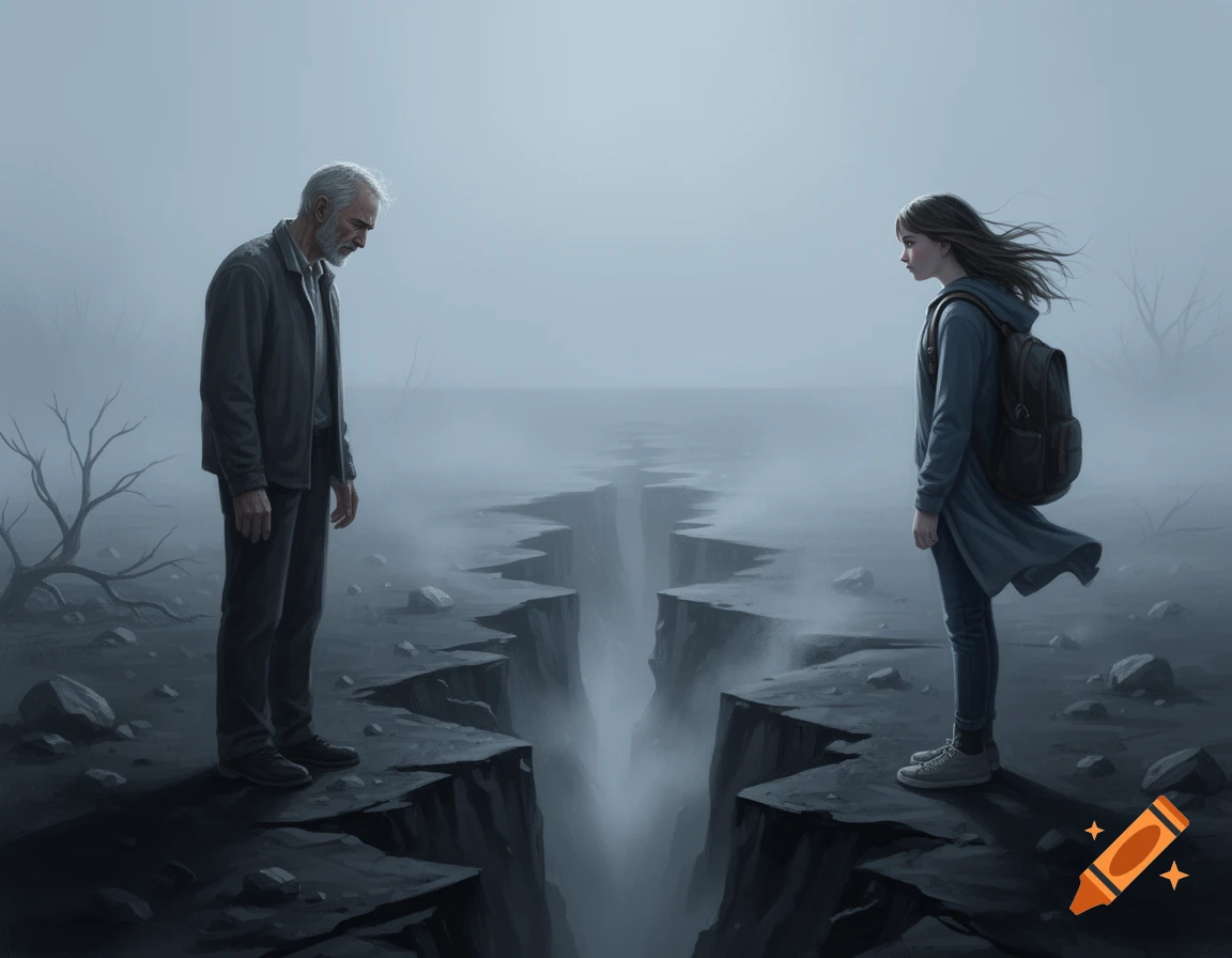 Digital painting of an older man and a young girl standing on opposite sides of a deep chasm in a foggy landscape.