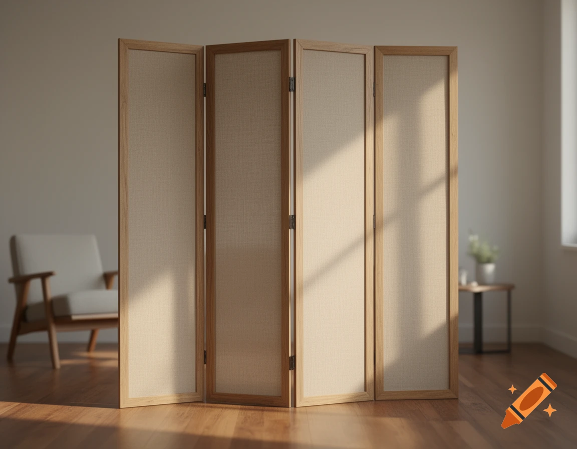 Photorealistic room with a wooden room divider, an armchair, and a small side table in the background.