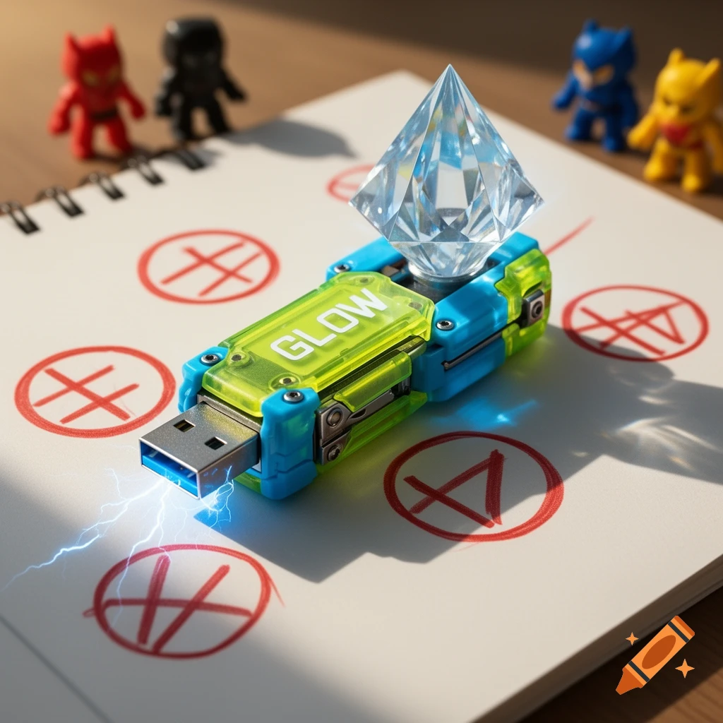 Photorealistic close-up of a futuristic glowing USB drive with a crystal pyramid on a notebook with red marks.