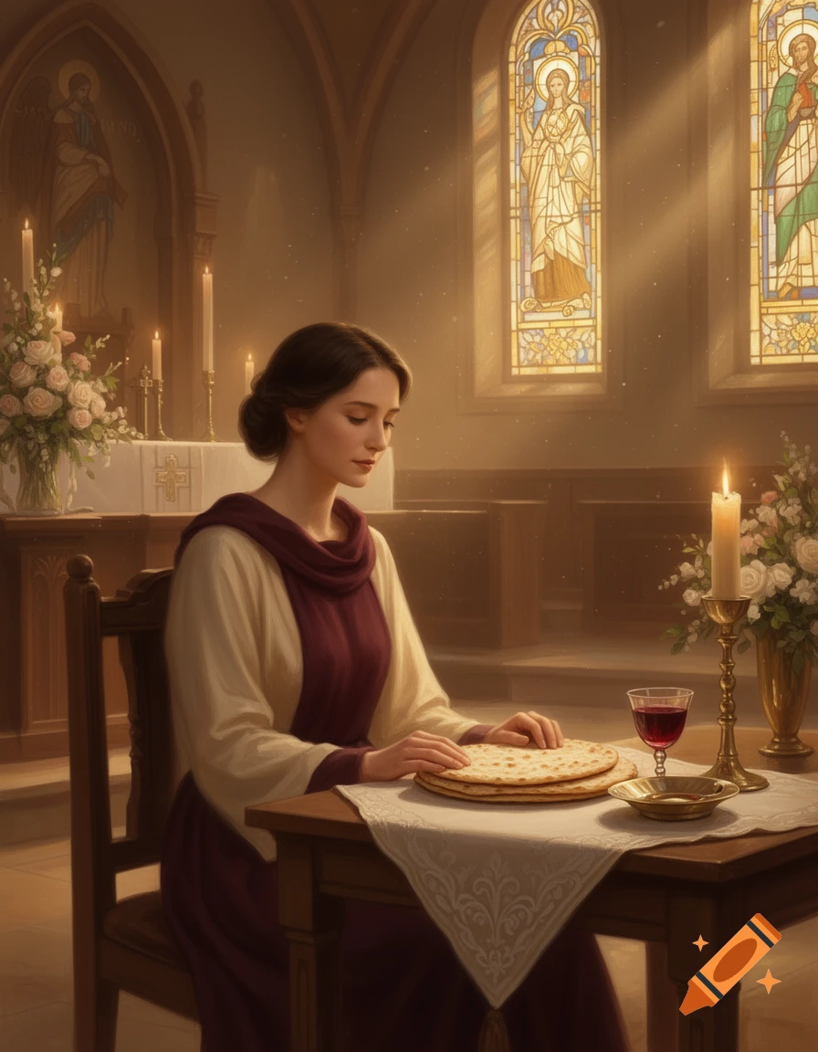 A woman in historical attire sits at a table with unleavened bread and wine inside a church during a service.