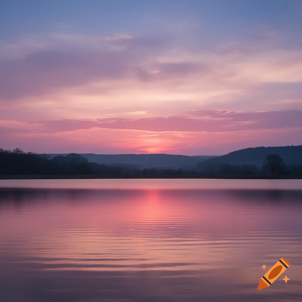 Serene pink sunset over a calm lake with distant dark hills under a pastel sky, photorealistic.