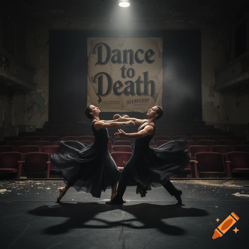 Two ballet dancers performing in a dark, abandoned theater with a large 'Dance to Death' poster hanging in the background.