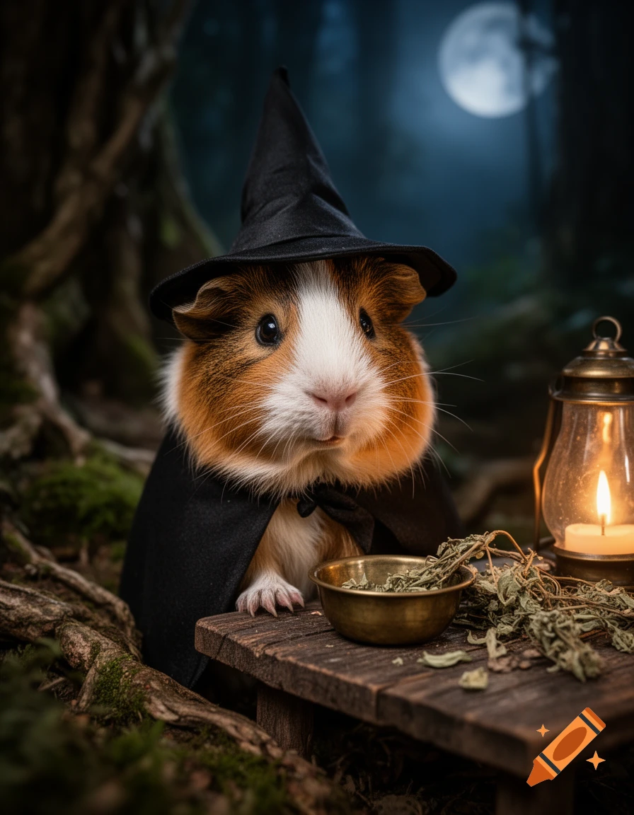 Photorealistic guinea pig wearing a witch hat and cape, sitting on a wooden table with a lantern in a dark forest at night.