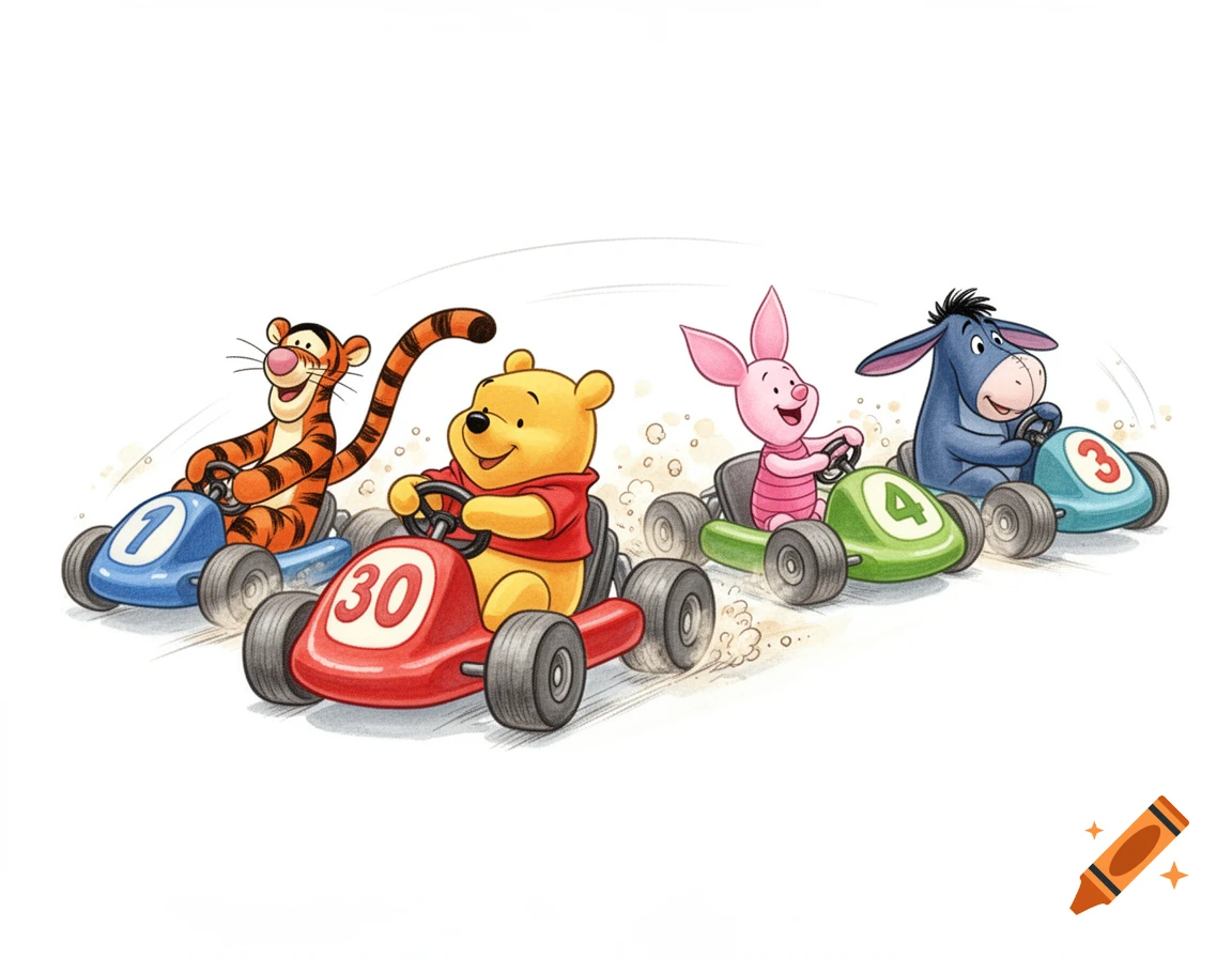 Winnie the Pooh, Tigger, Piglet, and Eeyore racing in colorful go-karts, classic watercolor illustration style.