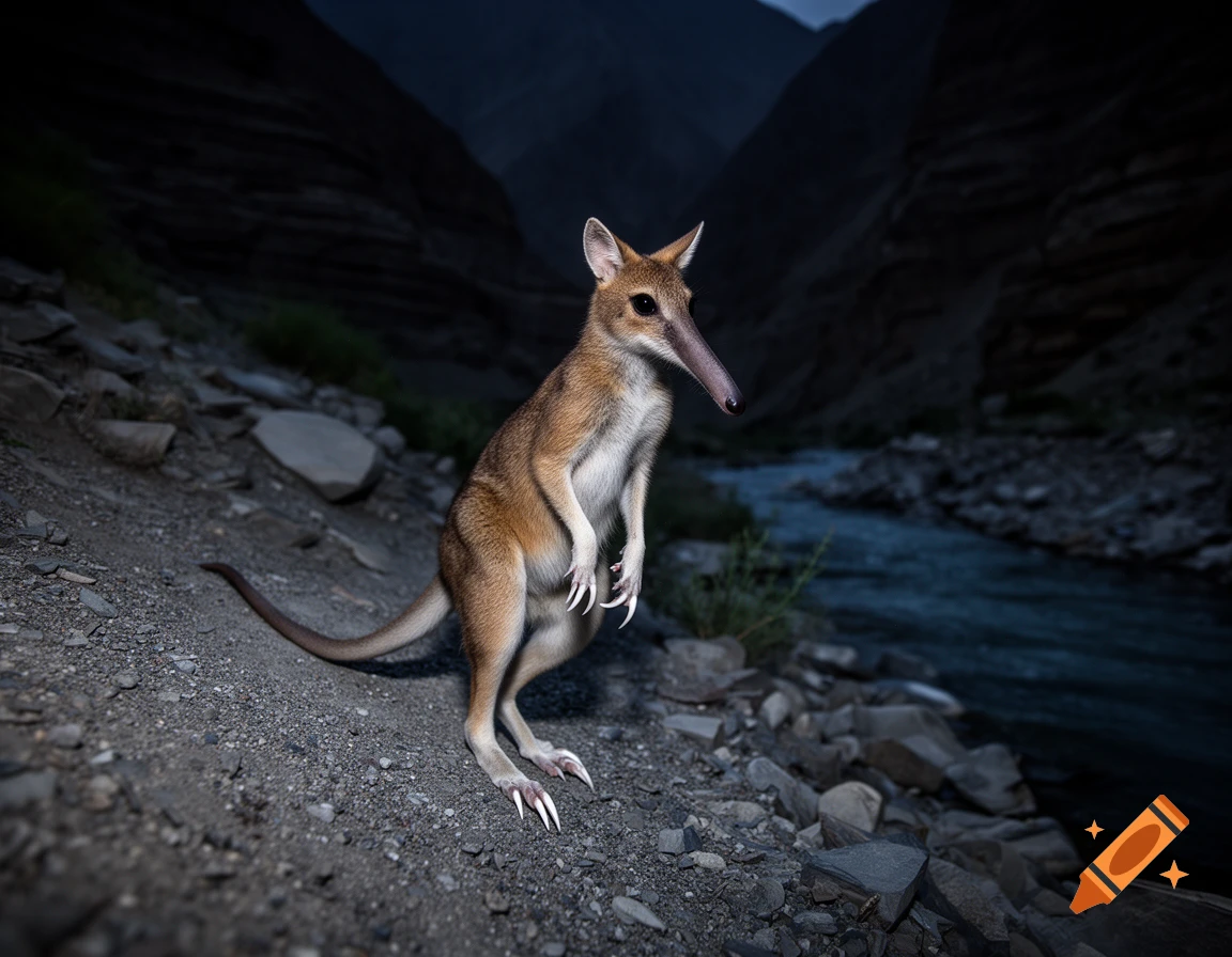 Photorealistic wildlife photograph of a rare nocturnal bipedal mammal standing on a rocky riverbank in a canyon at night.