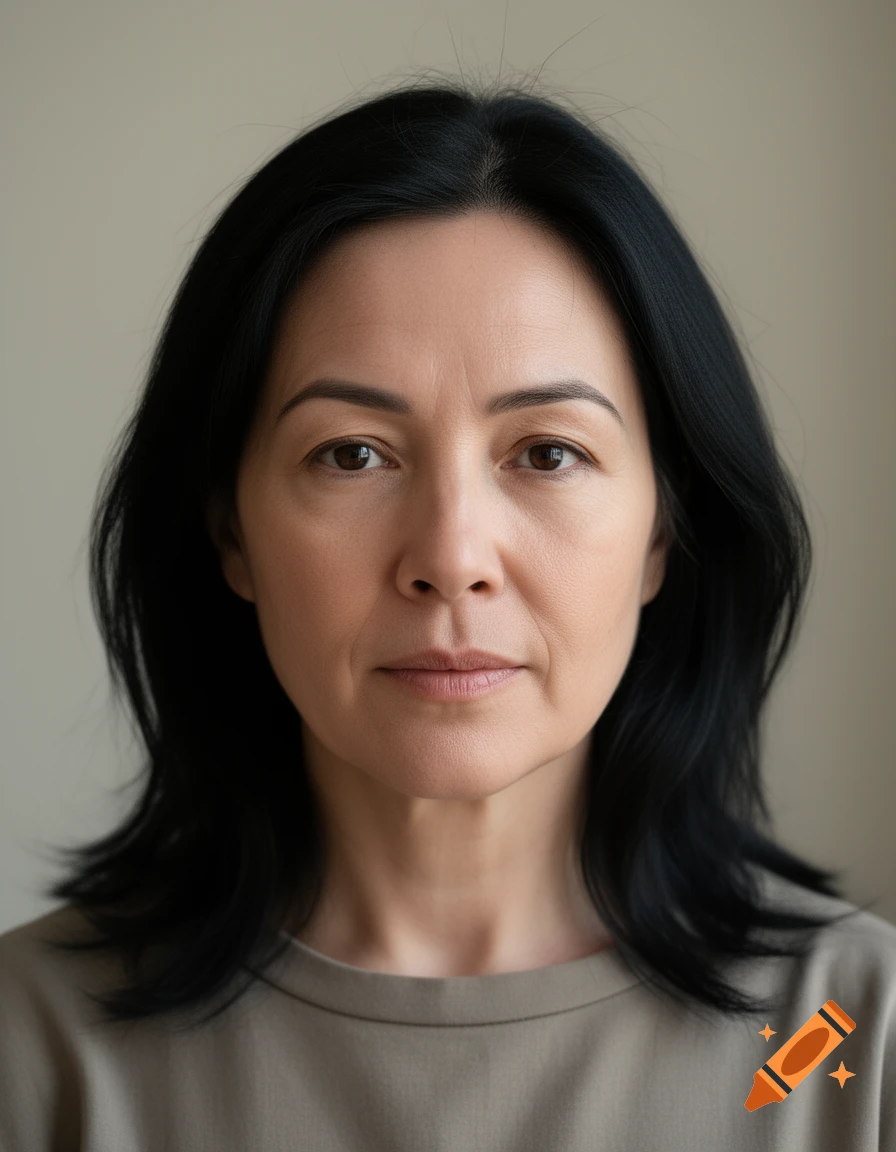 Photorealistic portrait of a woman with short black hair and neutral expression.