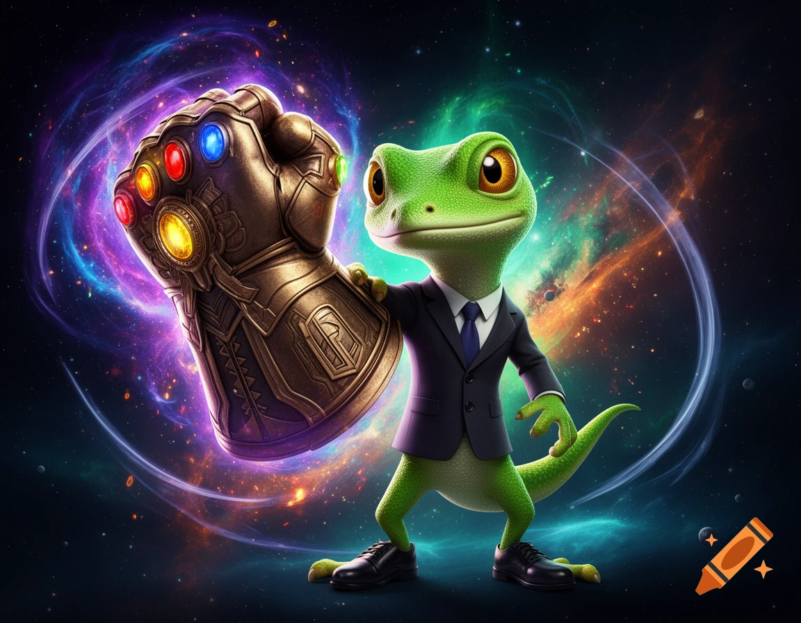 3D render of the Geico gecko in a suit holding the Infinity Gauntlet in space.