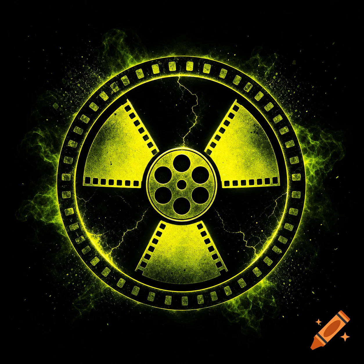 Radioactive symbol made of film strip design with glowing yellow effects on a black background.