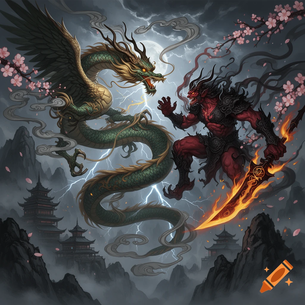 Asian-styled digital art of a green feathered dragon fighting a red horned demon amidst mountains and temples under a stormy sky.